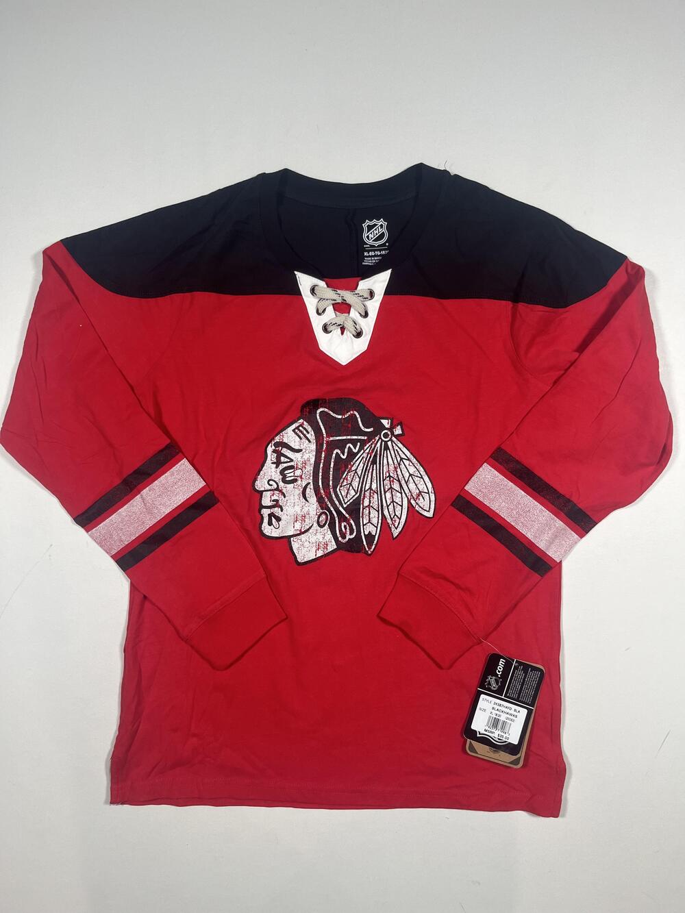 New Chicago Blackhawks Shirt Boys XL 18/20 Red Long Sleeve NHL Hockey Lace Up